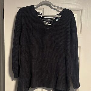 She + Sky Navy Long Sleeve sweater with Crisscross back.